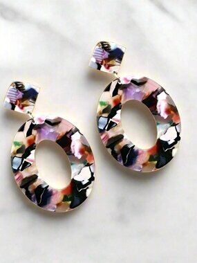 Zinnia Abstracts Geometric Statement Dangle Earrings Open Oval Black Pink